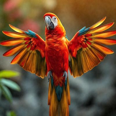 The primary subject of the image is a colorful parrot with a vibrant red, orange, and blue color scheme. The parrot is standing on a rock, which serves as the setting for the scene. The visual style of the image is a combination of photo and digital art, creating a realistic yet artistic representation of the parrot. The colors and mood of the image are lively and energetic, with the parrot's vivid colors and the rock's natural texture creating a dynamic and engaging